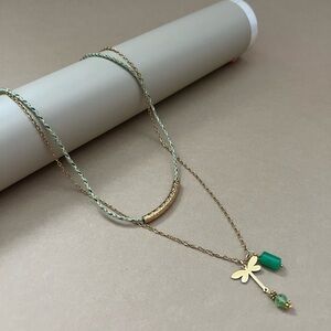 Gold and Green Layered Necklace with Dragonfly Pendant